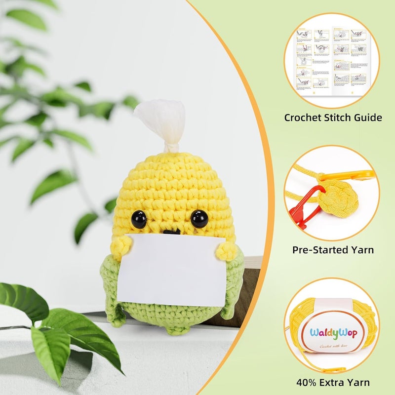 WaldyWop Wobbles Crochet Kit for Beginners: Ideal Gifts for Women w/Positive Card - Easy Craft Kits for Starter Adults w/40% Extra Soft Yarn, Step-by-Step Video Tutorials, Corn Crochet Pattern - Image 4